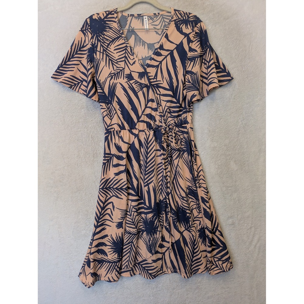 Piphany Wrap Dress Women's Small Peach Navy‎ Blue Tropical Palm Leaf